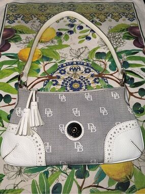 Dooney & Bourke Gray and White Logo Jacquard Tassel Shoulder Bag